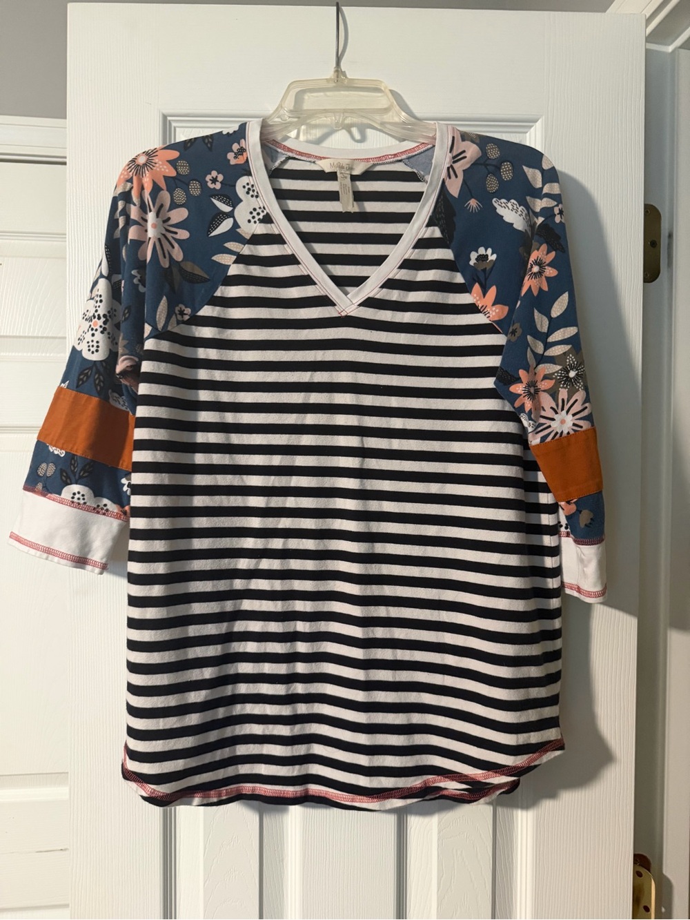 Matilda Jane Black & White Striped V‑Neck Top with Navy Floral Sleeves